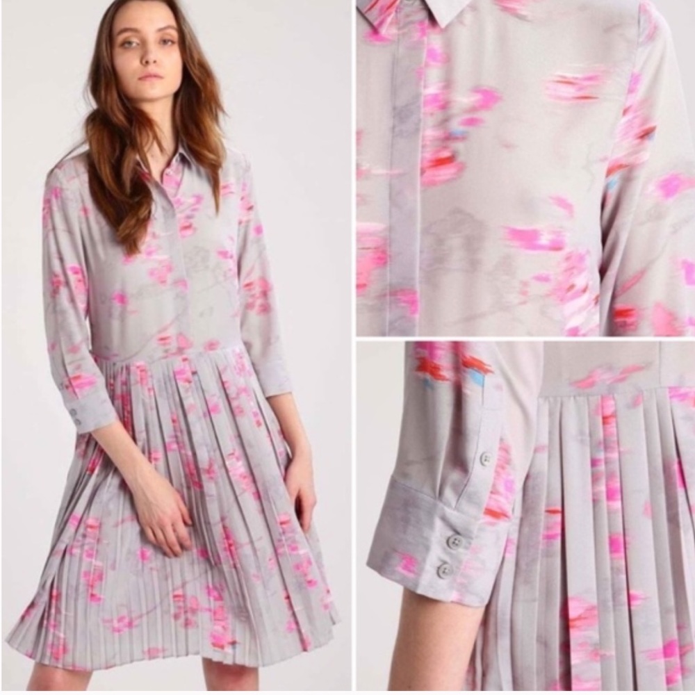 Banana Republic Gray Pleated Long Sleeve Shirt Dress with Pink Floral Print